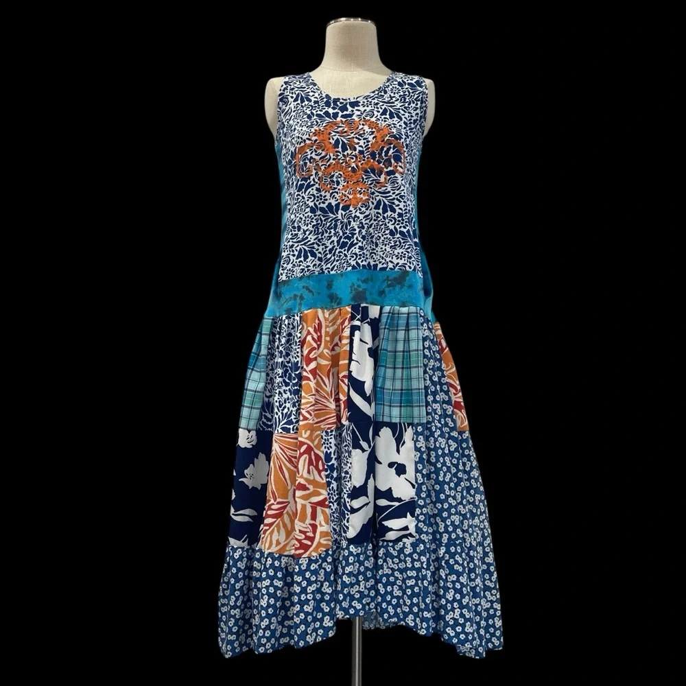 Handmade upcycled Multicolor Sleeveless Patchwork Drop Waist Dress - Picture 2 of 7